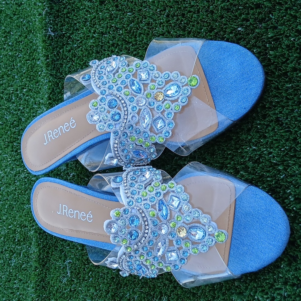 J. Renee Allysen Jeweled Applique Clear Wedge Sandals Chambray Blue Size 9 M - Picture 3 of 9